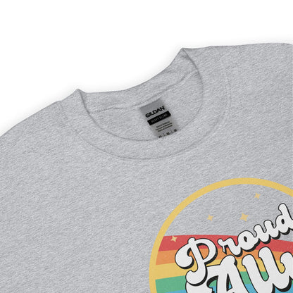 Gray sweatshirt with 'Proud Ally' rainbow design on a white background
