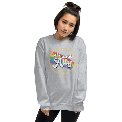 Person wearing a gray sweatshirt with 'Proud Ally' design on a white background