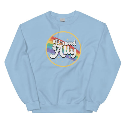 Light blue sweatshirt with 'Proud Ally' text and rainbow circle on a white background