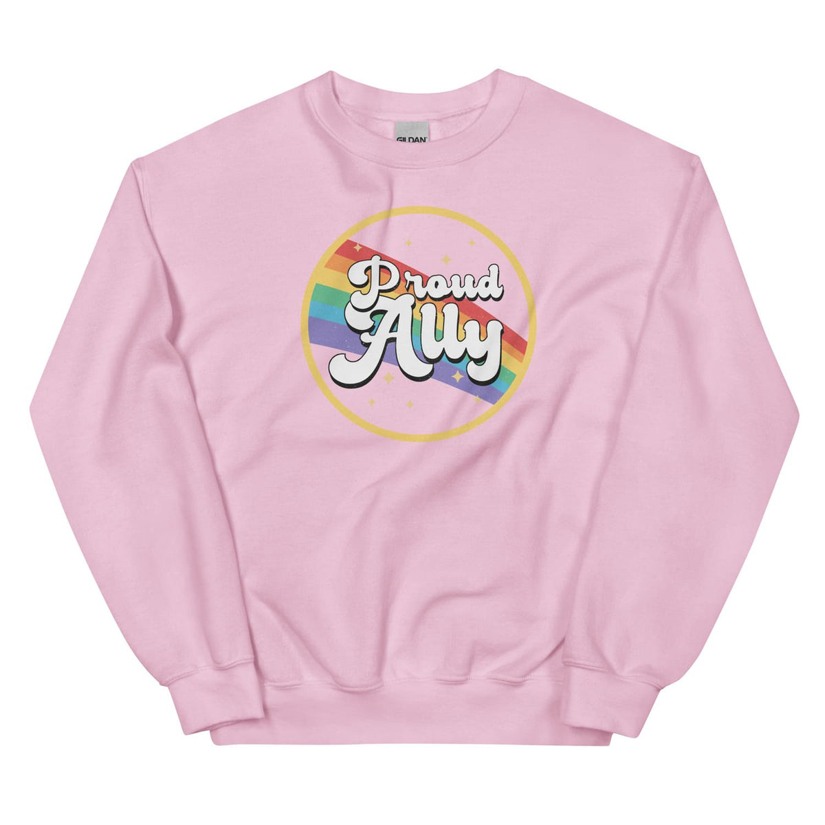 Pink sweatshirt with 'Proud Ally' text and rainbow design on a white background
