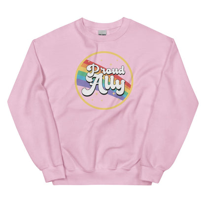 Pink sweatshirt with 'Proud Ally' text and rainbow design on a white background