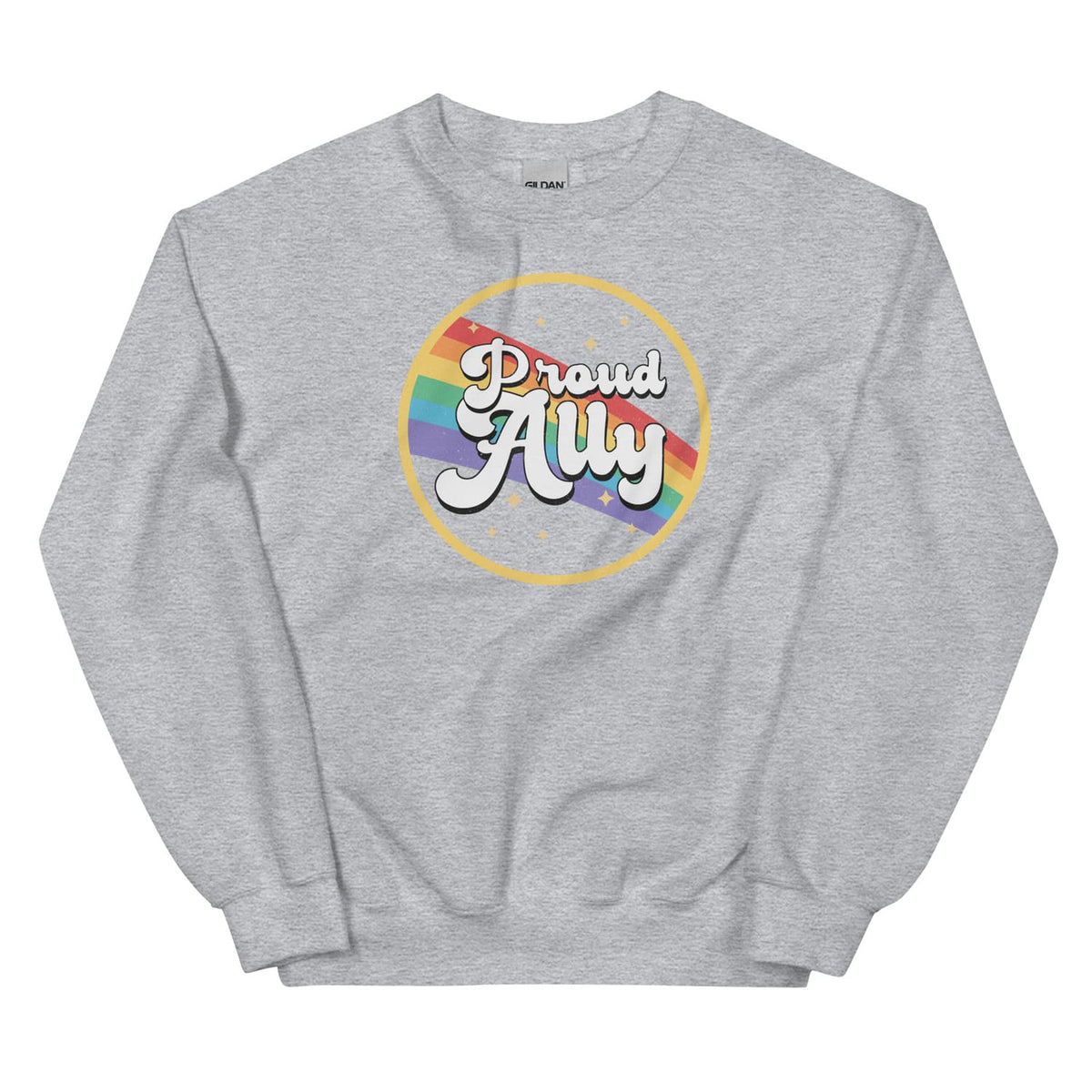 Gray sweatshirt with 'Proud Ally' text and rainbow circle design on a white background