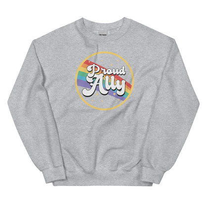 Gray sweatshirt with 'Proud Ally' text and rainbow circle design on a white background