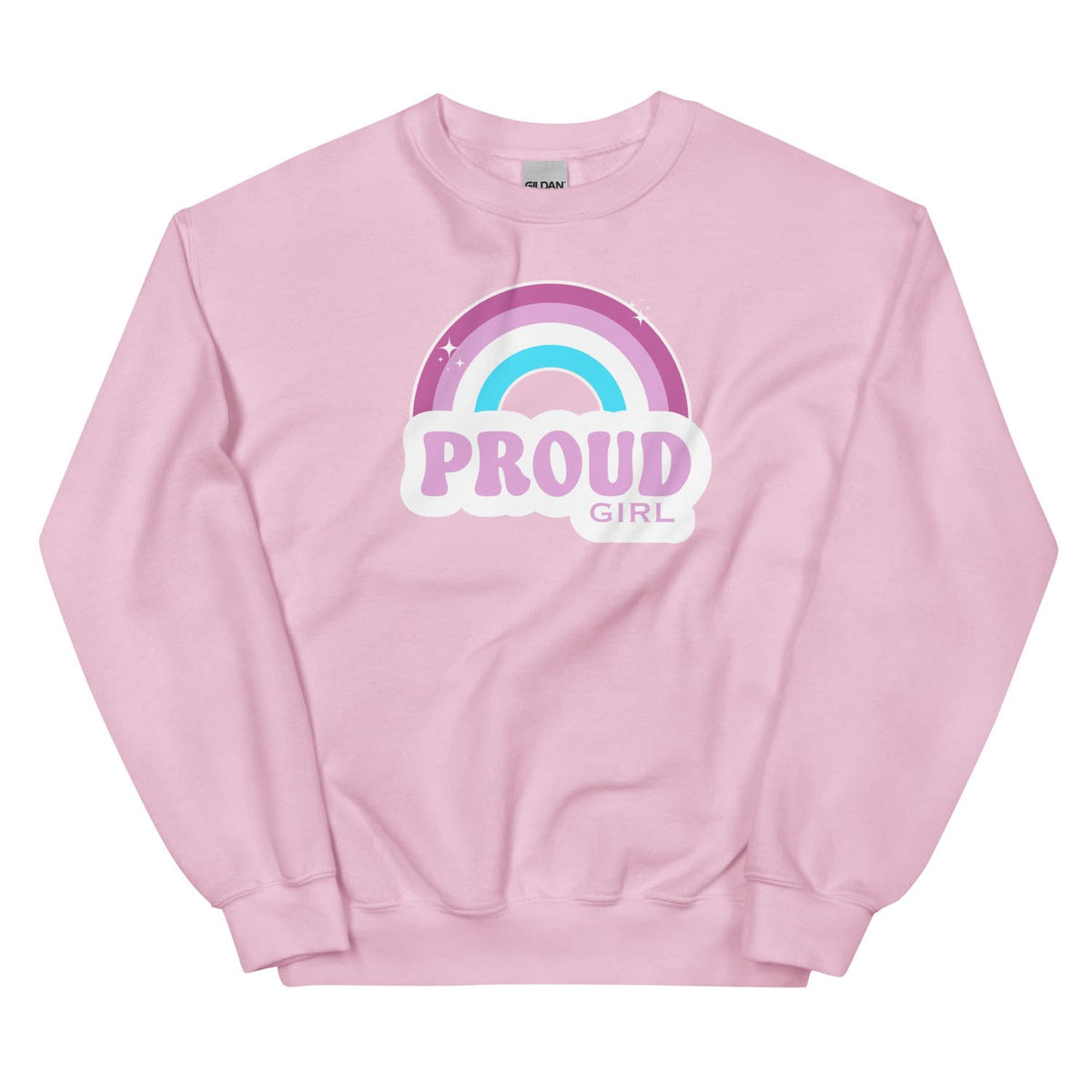 Pink sweatshirt with rainbow and 'PROUD GIRL' text for mtf transgender or femboy on a white background