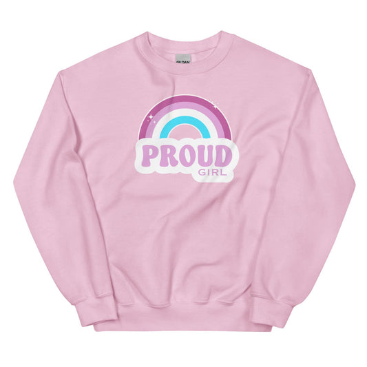 Pink sweatshirt with rainbow and 'PROUD GIRL' text for mtf transgender or femboy on a white background
