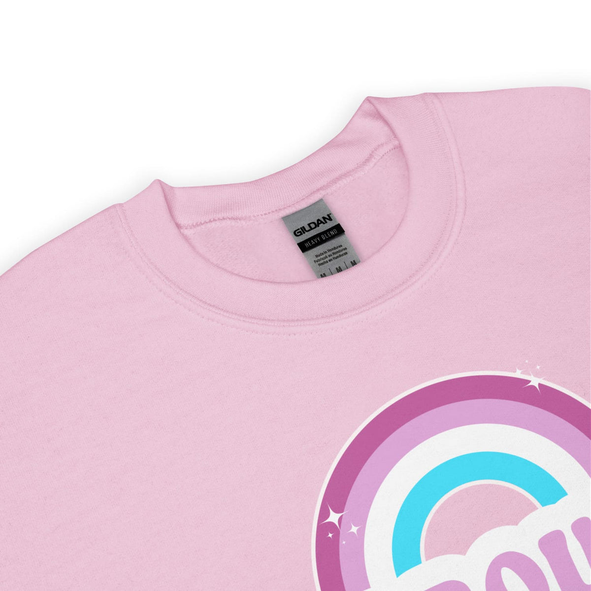 Pink sweatshirt for mtf transgender or femboy with a rainbow design and Gildan label on a white background