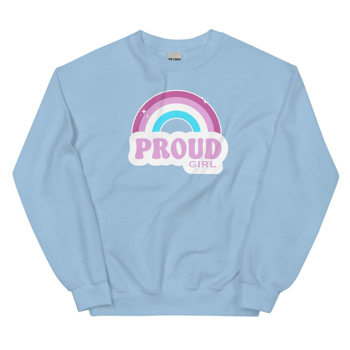 Light blue sweatshirt with a rainbow and 'PROUD GIRL' text for mtf transgender or femboy on a white background