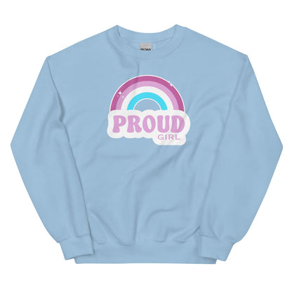 Light blue sweatshirt with a rainbow and 'PROUD GIRL' text for mtf transgender or femboy on a white background