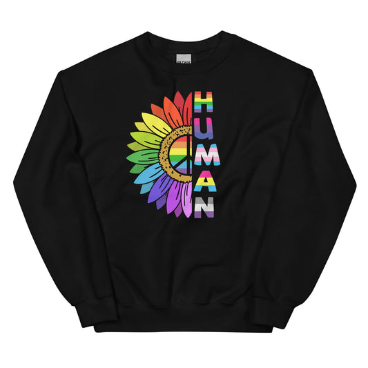 Black pride LGBTQ sweatshirt with a colorful 'HUMAN' design on a white background