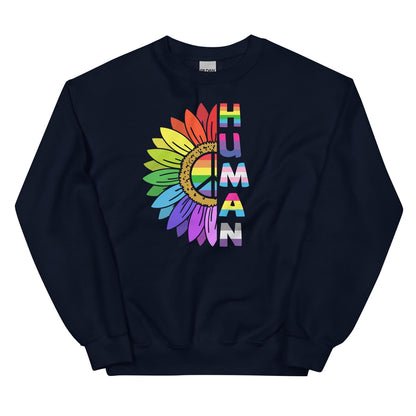 Navy pride  sweatshirt with a rainbow-colored 'HUMAN' design on a white background