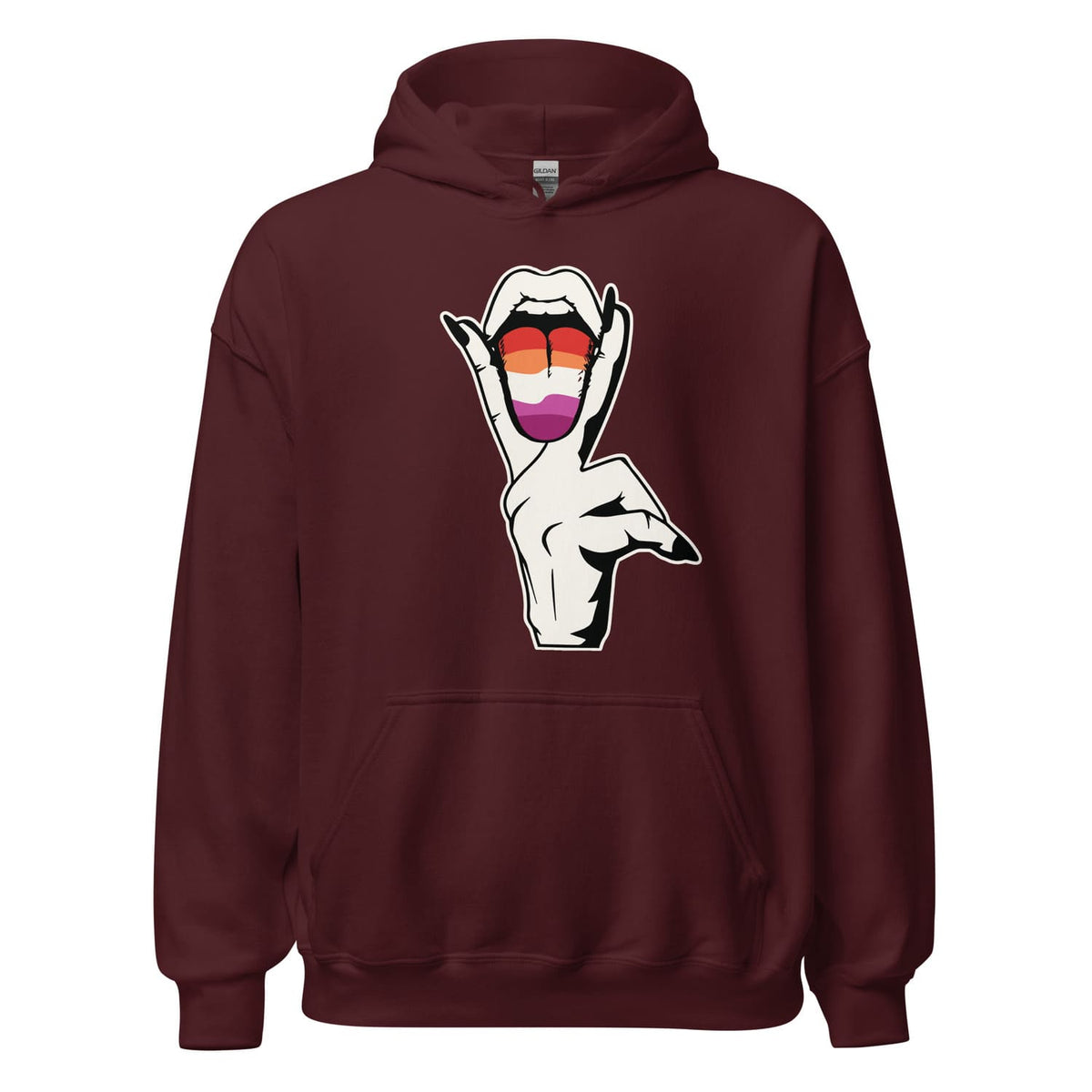 Maroon hoodie with a suggestive lesbian design on a white background