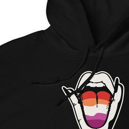 Black hoodie with a suggestive lesbian  graphic design on a white background