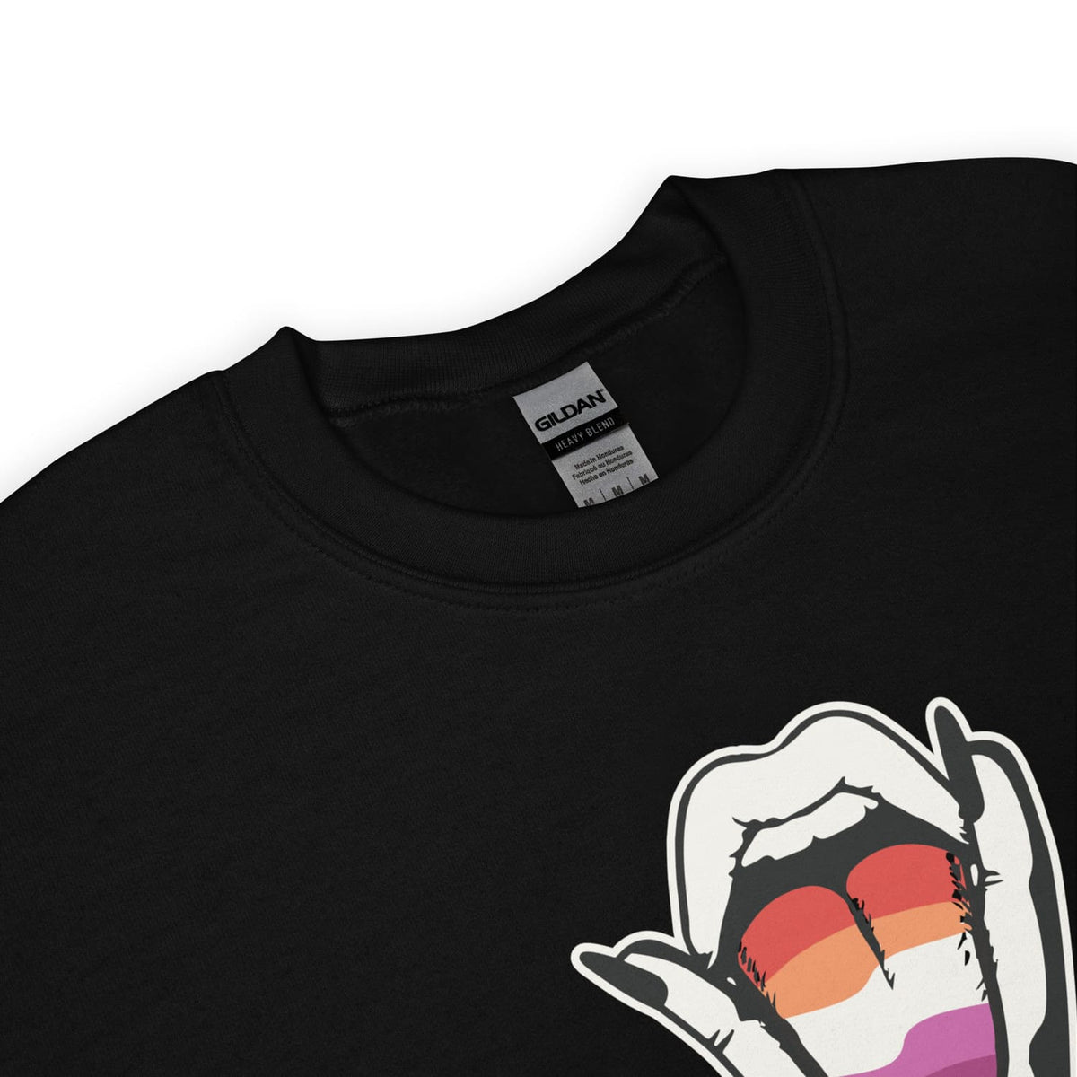Black lesbian sweatshirt with a rude design on a white background