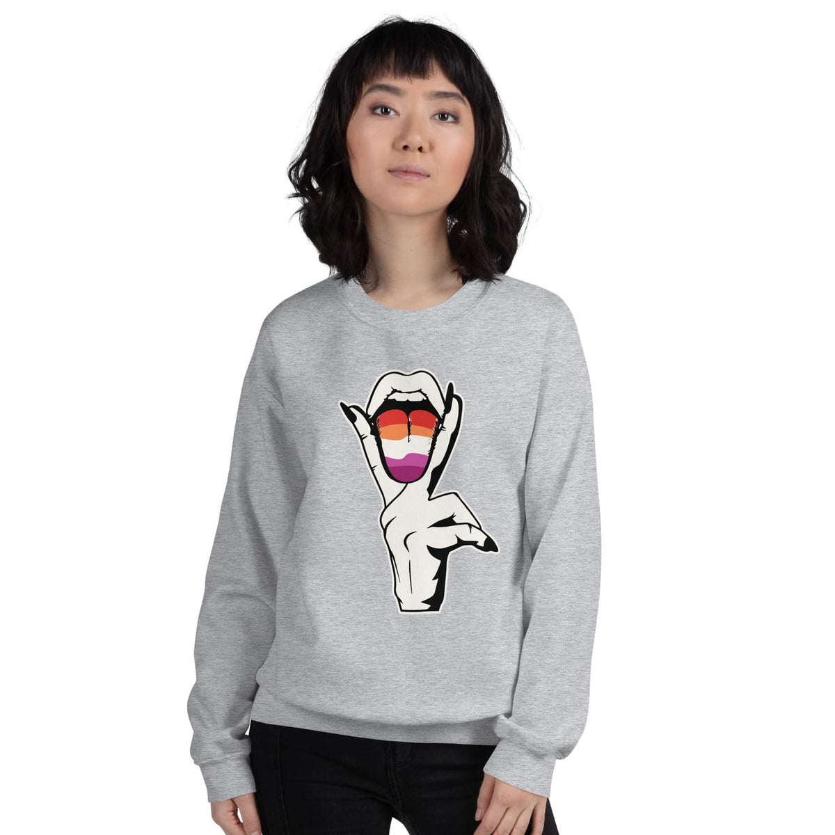 wlw woman wearing a gray lesbian sweatshirt with a graphic design on a white background
