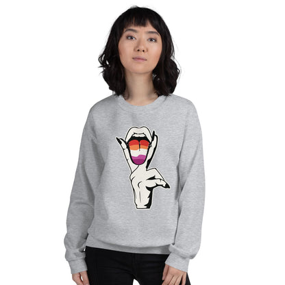 wlw woman wearing a gray lesbian sweatshirt with a graphic design on a white background
