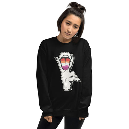 Lesbian  wearing a funny sweatshirt with a graphic design on a white background