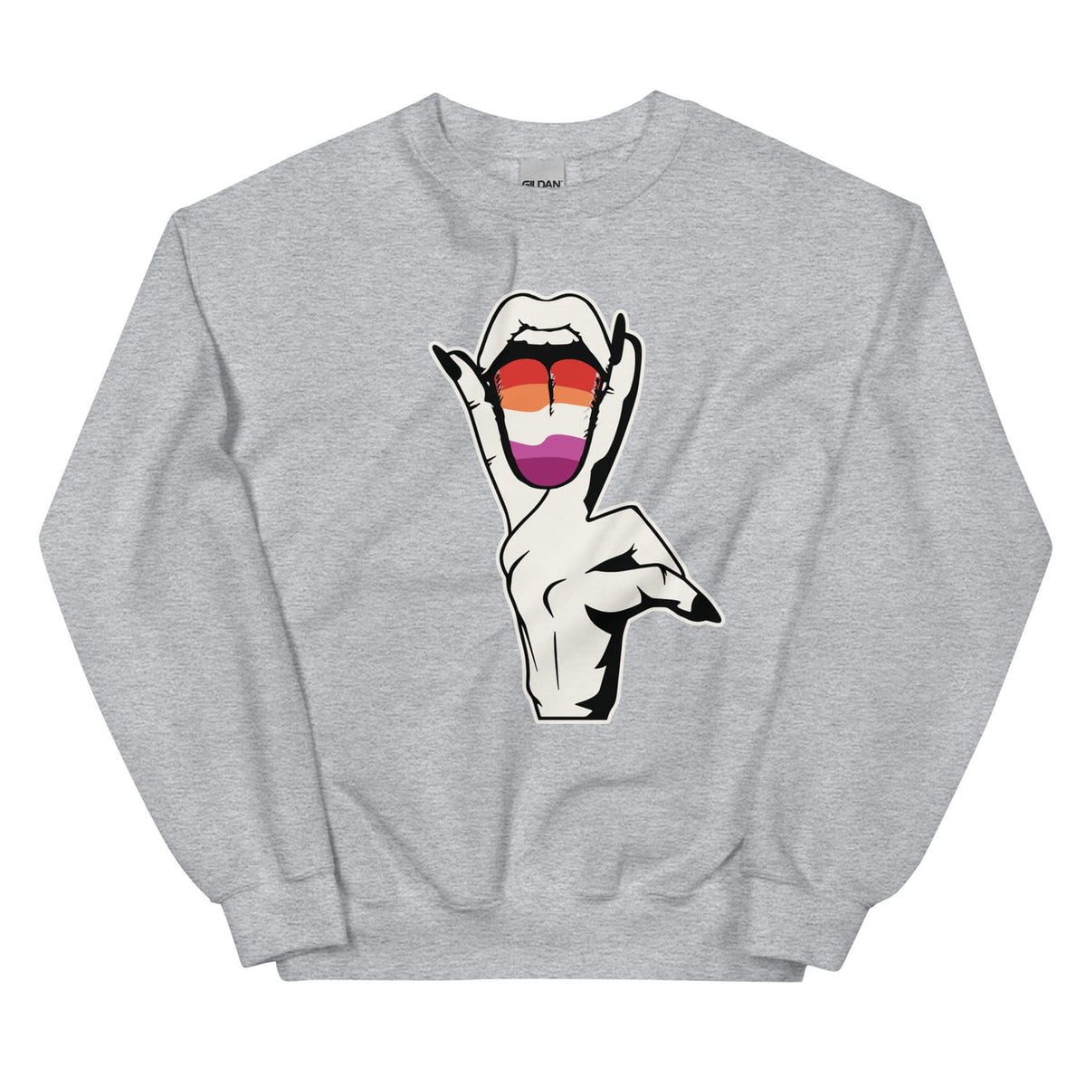 Gray sweatshirt with a graphic of a hand making a peace sign with a sunset lesbian flag -colored tongue on a white background.