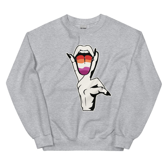 Gray sweatshirt with a graphic of a hand making a peace sign with a sunset lesbian flag -colored tongue on a white background.