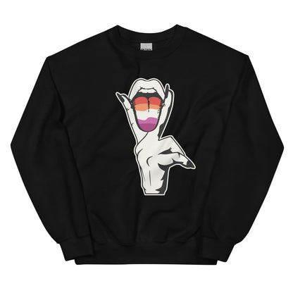 Rude lesbian sweatshirt with a graphic of a hand with a sunset flag-colored tongue on a white background