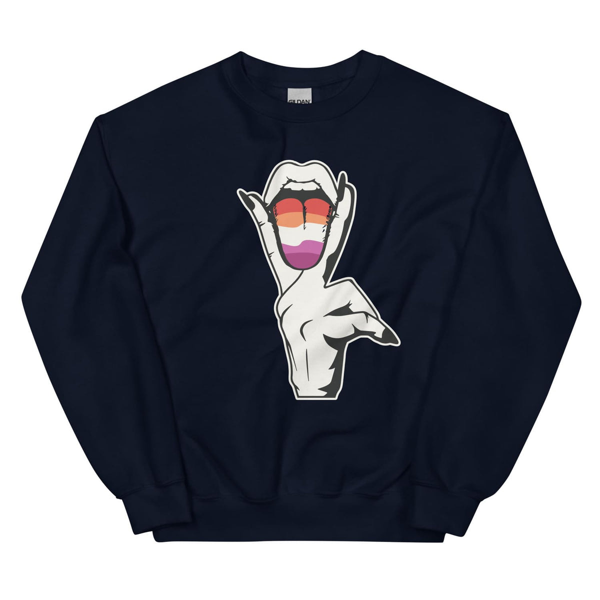 Navy sweatshirt with a lesbian graphic of a hand with a sunset flag-colored tongue on a white background