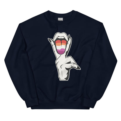 Navy sweatshirt with a lesbian graphic of a hand with a sunset flag-colored tongue on a white background