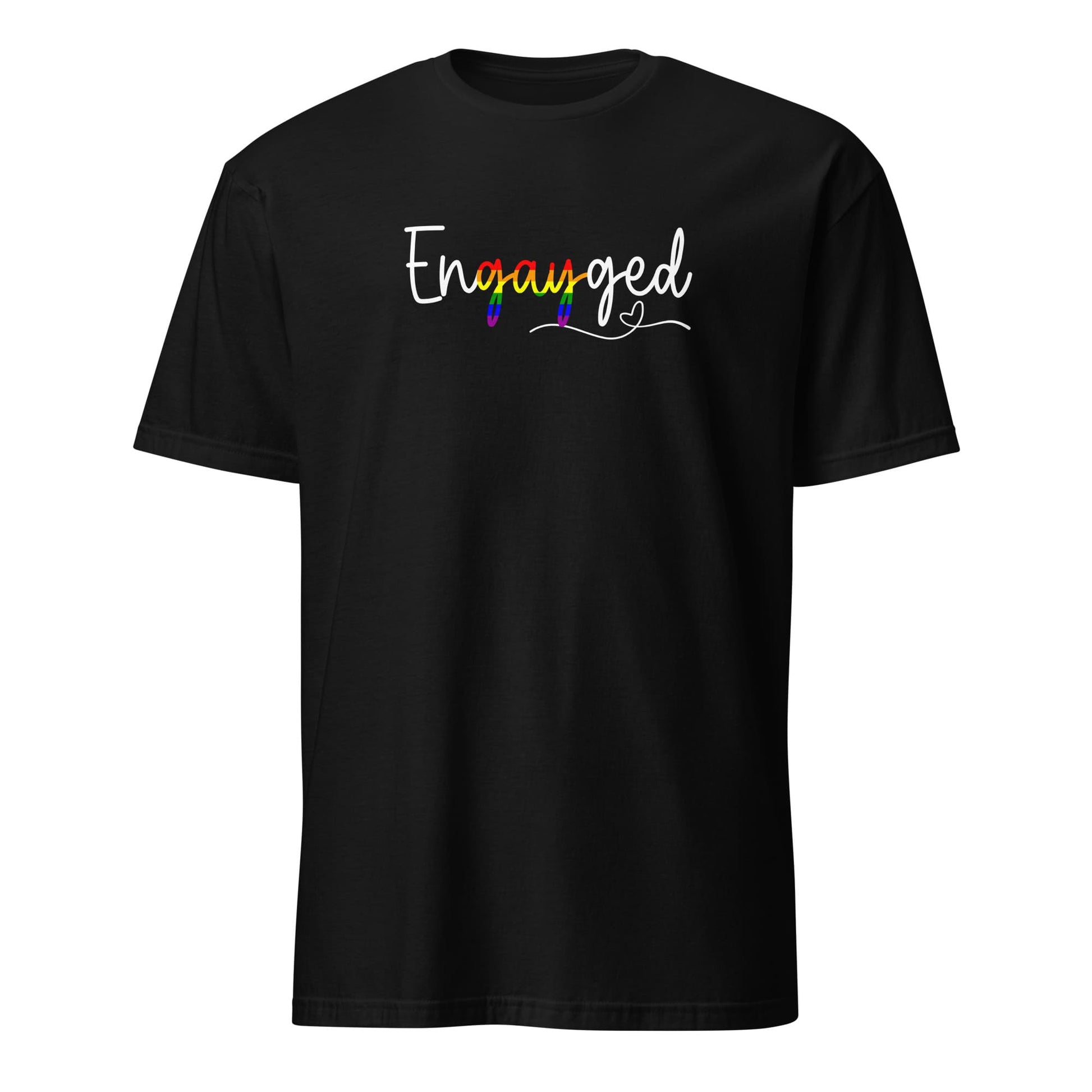 Black queer engagement annoucement t-shirt with 'Engayged' text on a white background