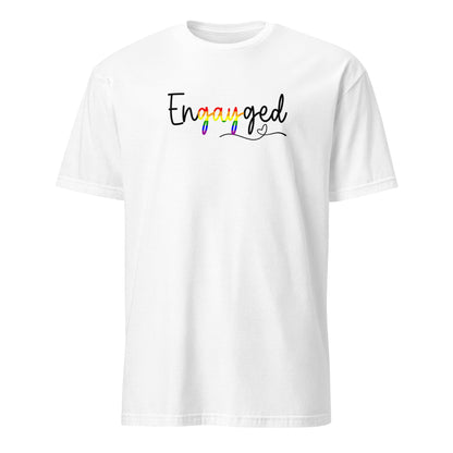 White queer engagelent t-shirt with gay 'Engayged' text in colorful letters on a white background