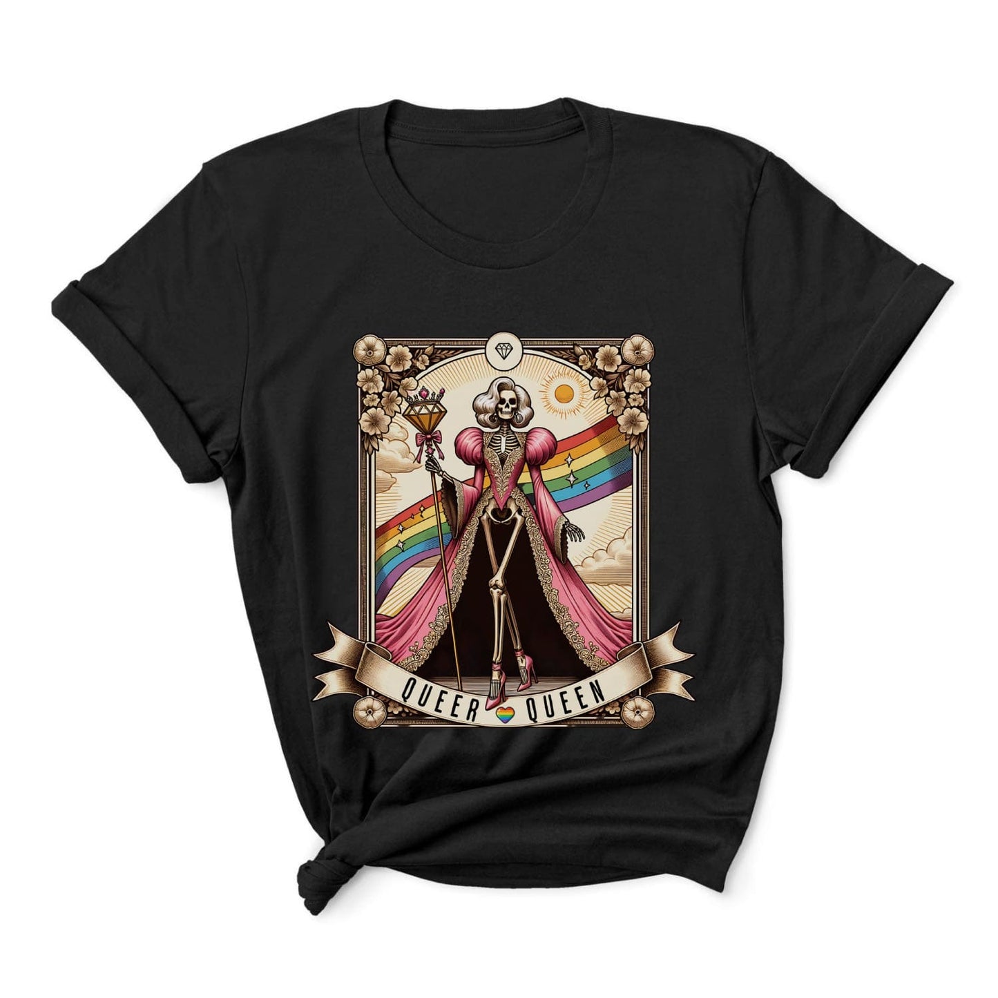 Black t-shirt with a skeleton design, rainbow flag, and 'Queer Queen' text on a white background: LGBTQ Queer Queen Shirt, Spooky Gay Skeleton Tarot Card Tee, Whimsical Goth LGBT Pride T-Shirt, Witchy Vibes Tshirt, Funny Occult Gift