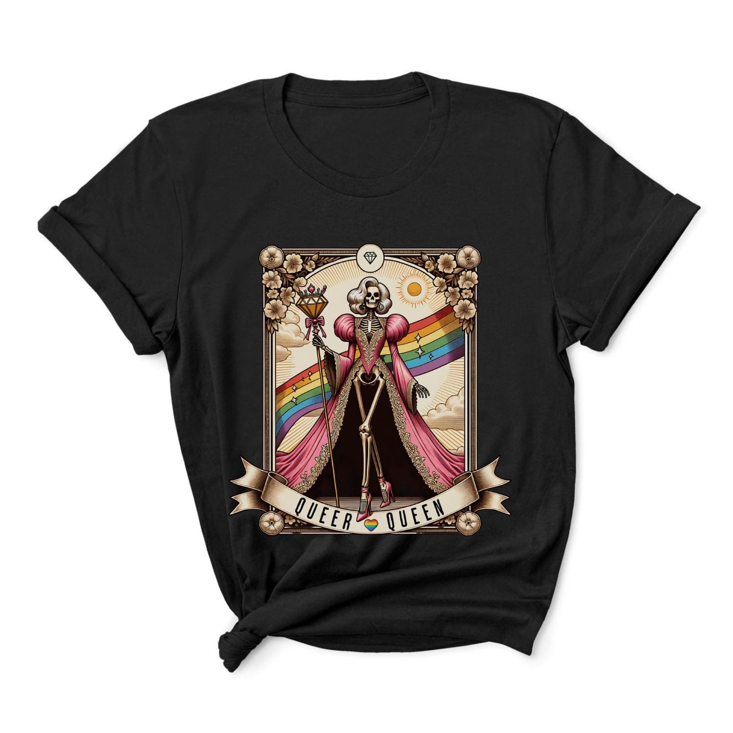 Black t-shirt with a skeleton design, rainbow flag, and 'Queer Queen' text on a white background: LGBTQ Queer Queen Shirt, Spooky Gay Skeleton Tarot Card Tee, Whimsical Goth LGBT Pride T-Shirt, Witchy Vibes Tshirt, Funny Occult Gift