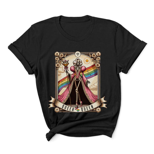 Black t-shirt with a skeleton design, rainbow flag, and 'Queer Queen' text on a white background: LGBTQ Queer Queen Shirt, Spooky Gay Skeleton Tarot Card Tee, Whimsical Goth LGBT Pride T-Shirt, Witchy Vibes Tshirt, Funny Occult Gift