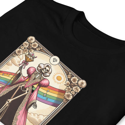Black t-shirt with a colorful design featuring a skeleton, rainbow flag, and floral elements: LGBTQ Queer Queen Shirt, Spooky Gay Skeleton Tarot Card Tee, Whimsical Goth LGBT Pride T-Shirt, Witchy Vibes Tshirt, Funny Occult Gift
