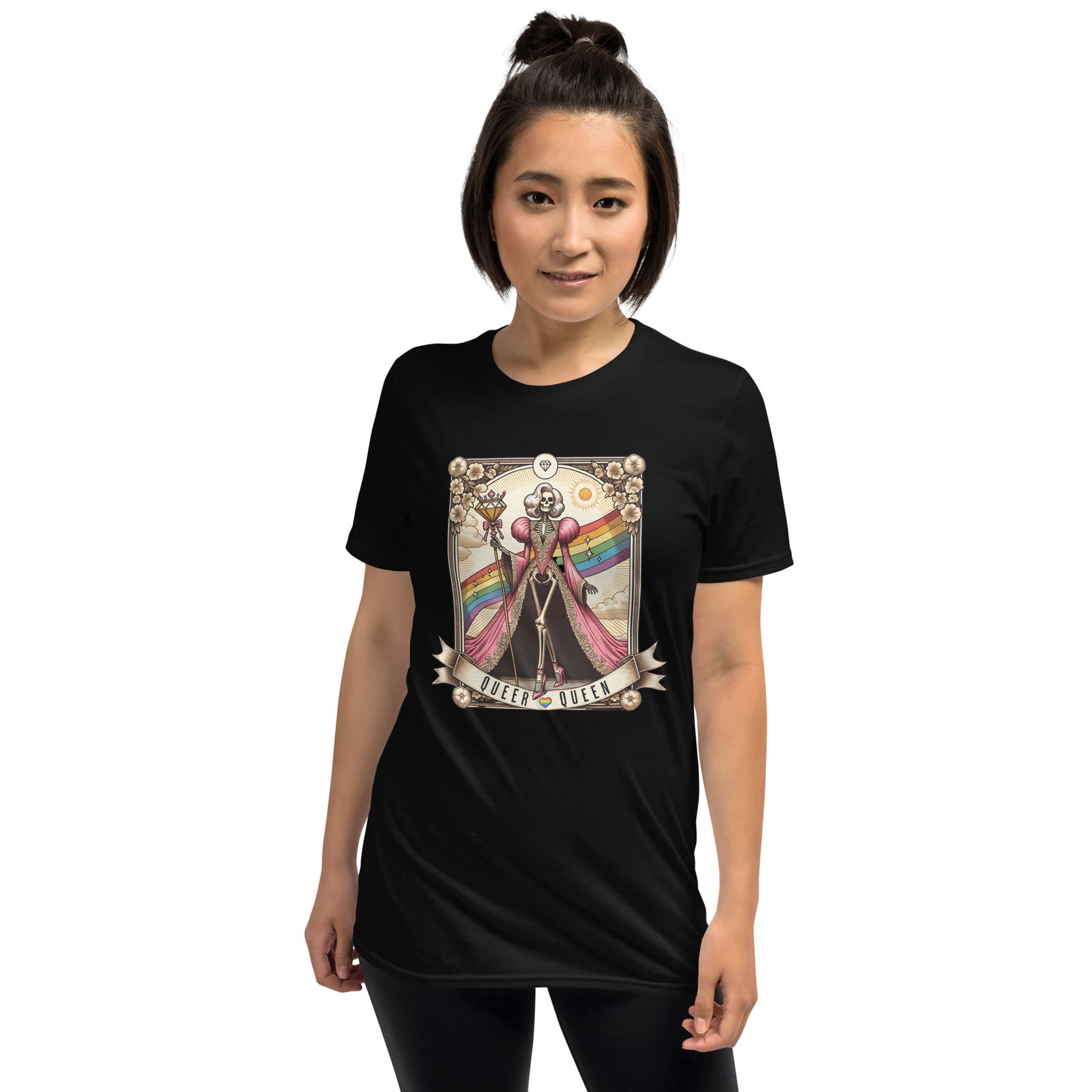 Person wearing a black t-shirt with a colorful graphic design on a white background: LGBTQ Queer Queen Shirt, Spooky Gay Skeleton Tarot Card Tee, Whimsical Goth LGBT Pride T-Shirt, Witchy Vibes Tshirt, Funny Occult Gift