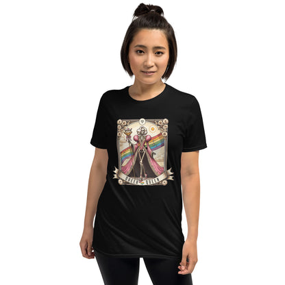 Person wearing a black t-shirt with a colorful graphic design on a white background: LGBTQ Queer Queen Shirt, Spooky Gay Skeleton Tarot Card Tee, Whimsical Goth LGBT Pride T-Shirt, Witchy Vibes Tshirt, Funny Occult Gift