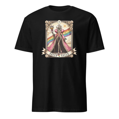 Black t-shirt with a colorful graphic of a skeleton holding a rainbow flag and the word 'QUEER QUEEN' on a white background : LGBTQ Queer Queen Shirt, Spooky Gay Skeleton Tarot Card Tee, Whimsical Goth LGBT Pride T-Shirt, Witchy Vibes Tshirt, Funny Occult Gift