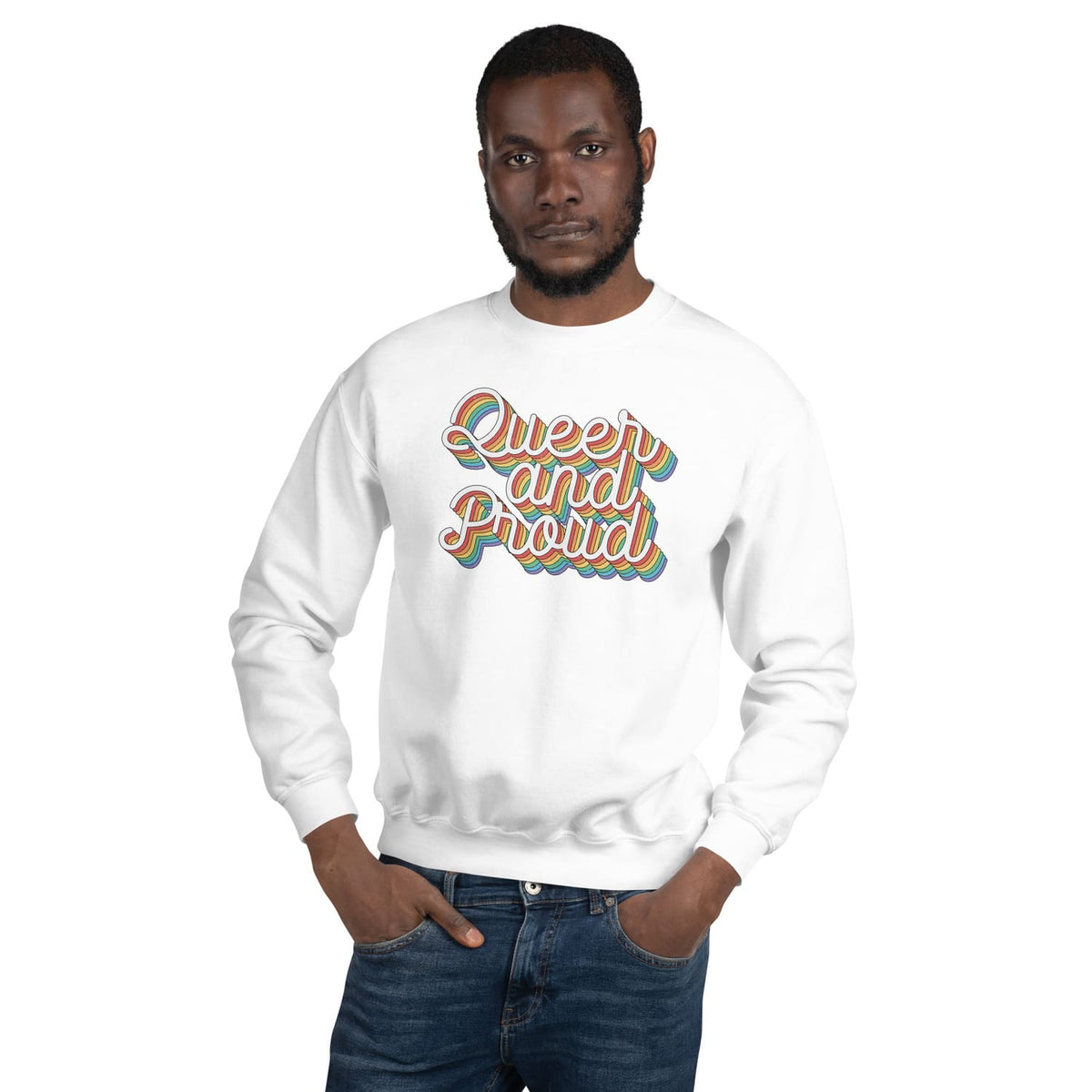 Man wearing a white pride LGBTQ sweatshirt with rainbow 'Queer and Proud' text on a white background