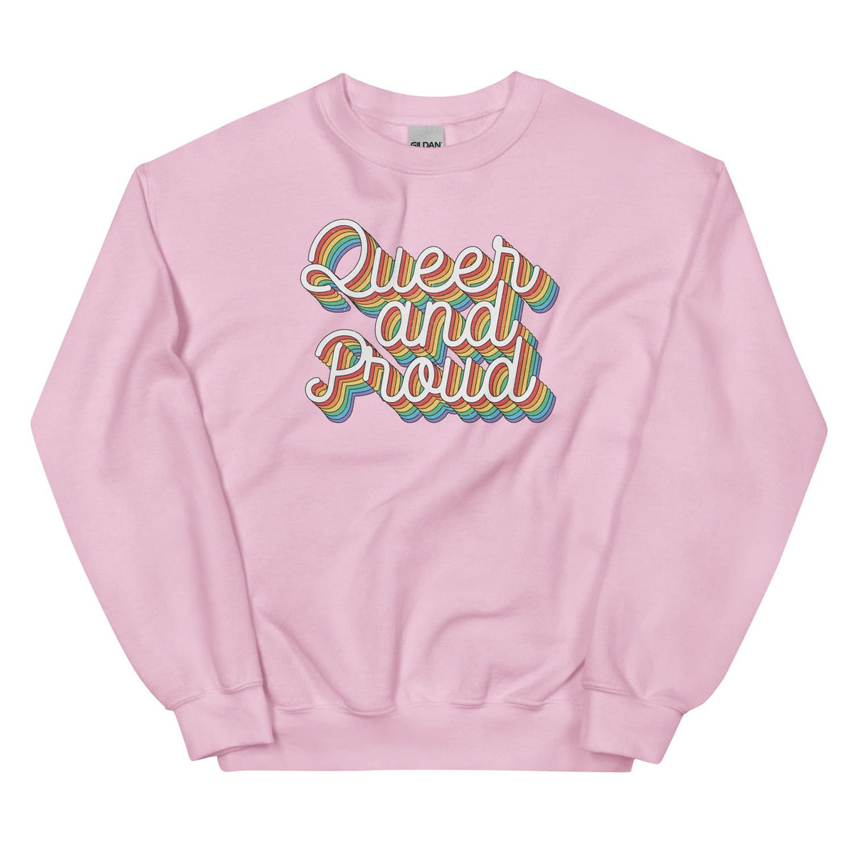 Pink LGBTQ pride sweatshirt with 'Queer and Proud' text in rainbow colors on a white background