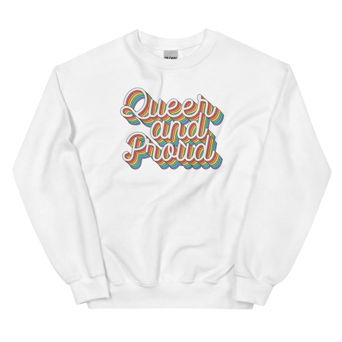 White LGBT pride sweatshirt with 'Queer and Proud' text in rainbow colors on a white background