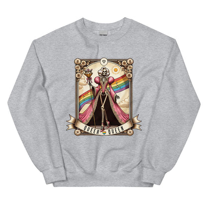 Gray queer sweatshirt with a colorful graphic of a skeleton couple and rainbow flag on a white background