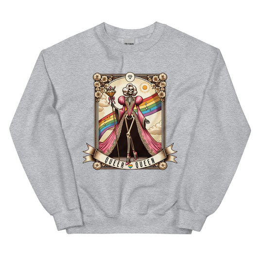 Gray queer sweatshirt with a colorful graphic of a skeleton couple and rainbow flag on a white background
