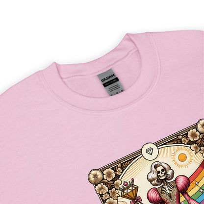 Pink queer sweatshirt with a colorful graphic design on a white background