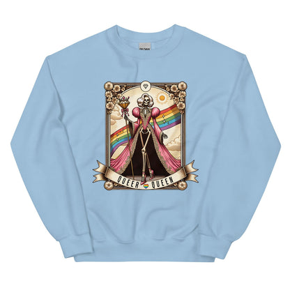 Light blue sweatshirt with a graphic design of two people holding hands, a rainbow, and the text 'QUEER QUEER' on a white background.