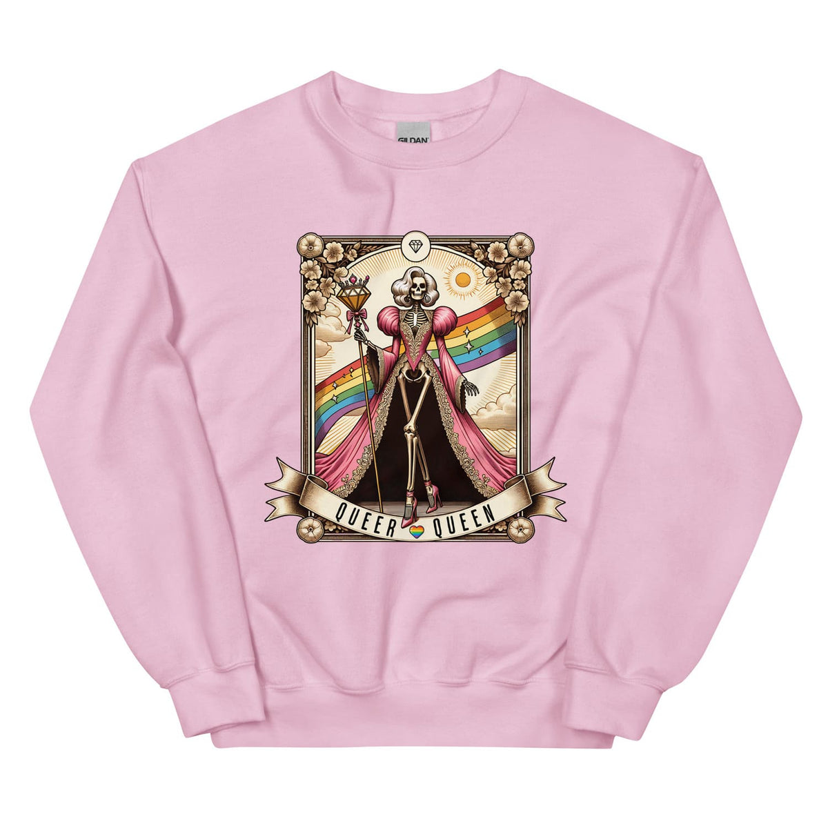 Pink sweatshirt with a Queer Queen design featuring a skeleton in a dress with a rainbow, flowers, and a banner.