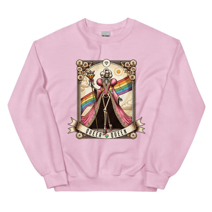 Pink sweatshirt with a Queer Queen design featuring a skeleton in a dress with a rainbow, flowers, and a banner.