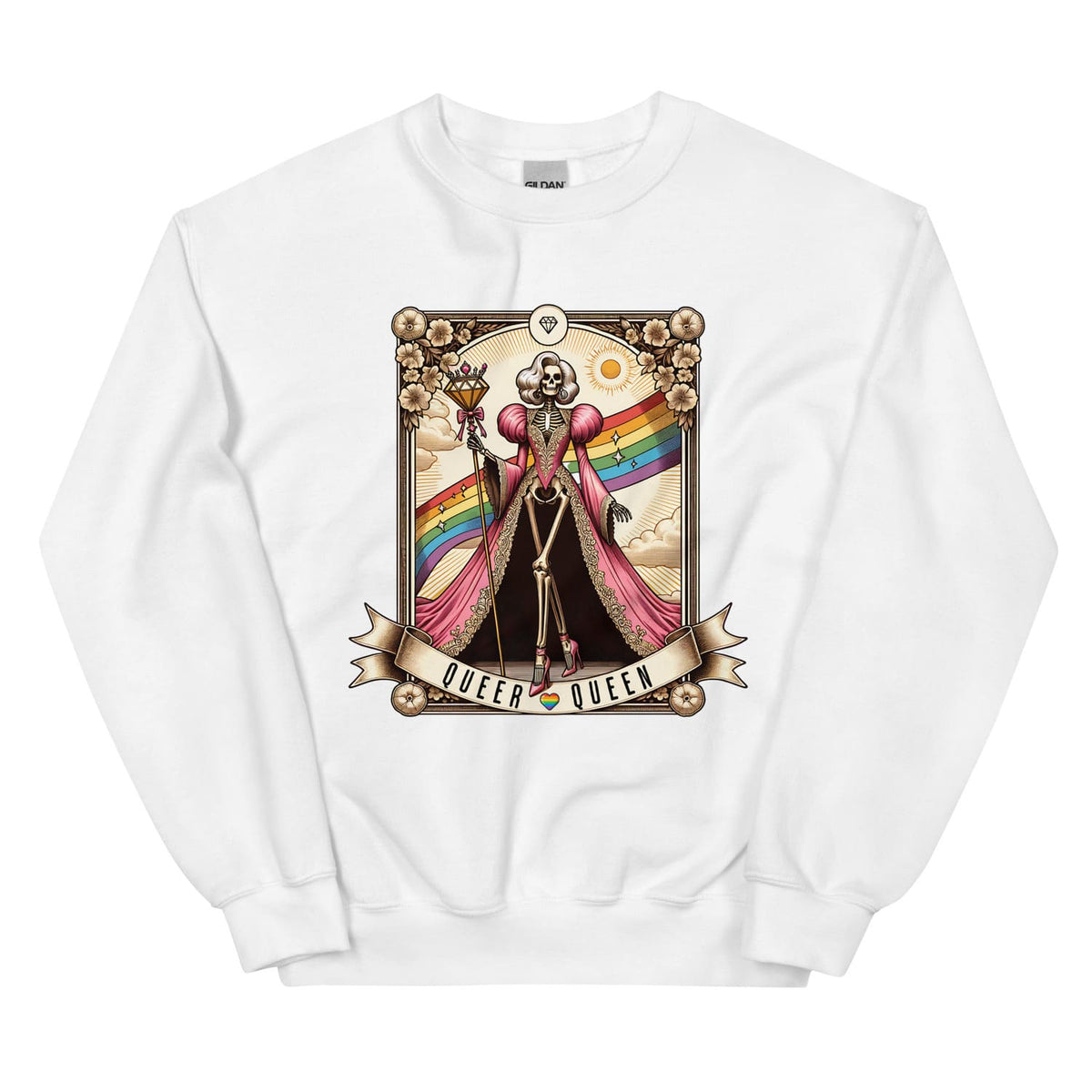 White sweatshirt with a graphic design of a skeleton in a dress with a rainbow, surrounded by flowers and text 'QUEER QUEEN' on a white background.