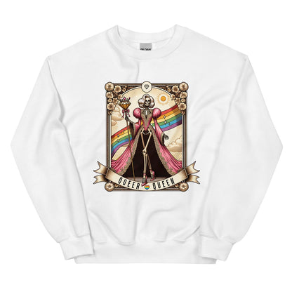 White sweatshirt with a graphic design of a skeleton in a dress with a rainbow, surrounded by flowers and text 'QUEER QUEEN' on a white background.