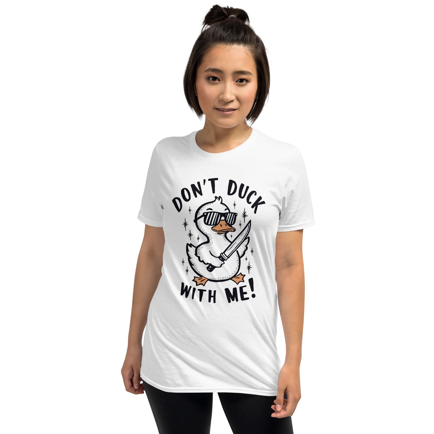 Person wearing a white t-shirt with a graphic design and text on a white background