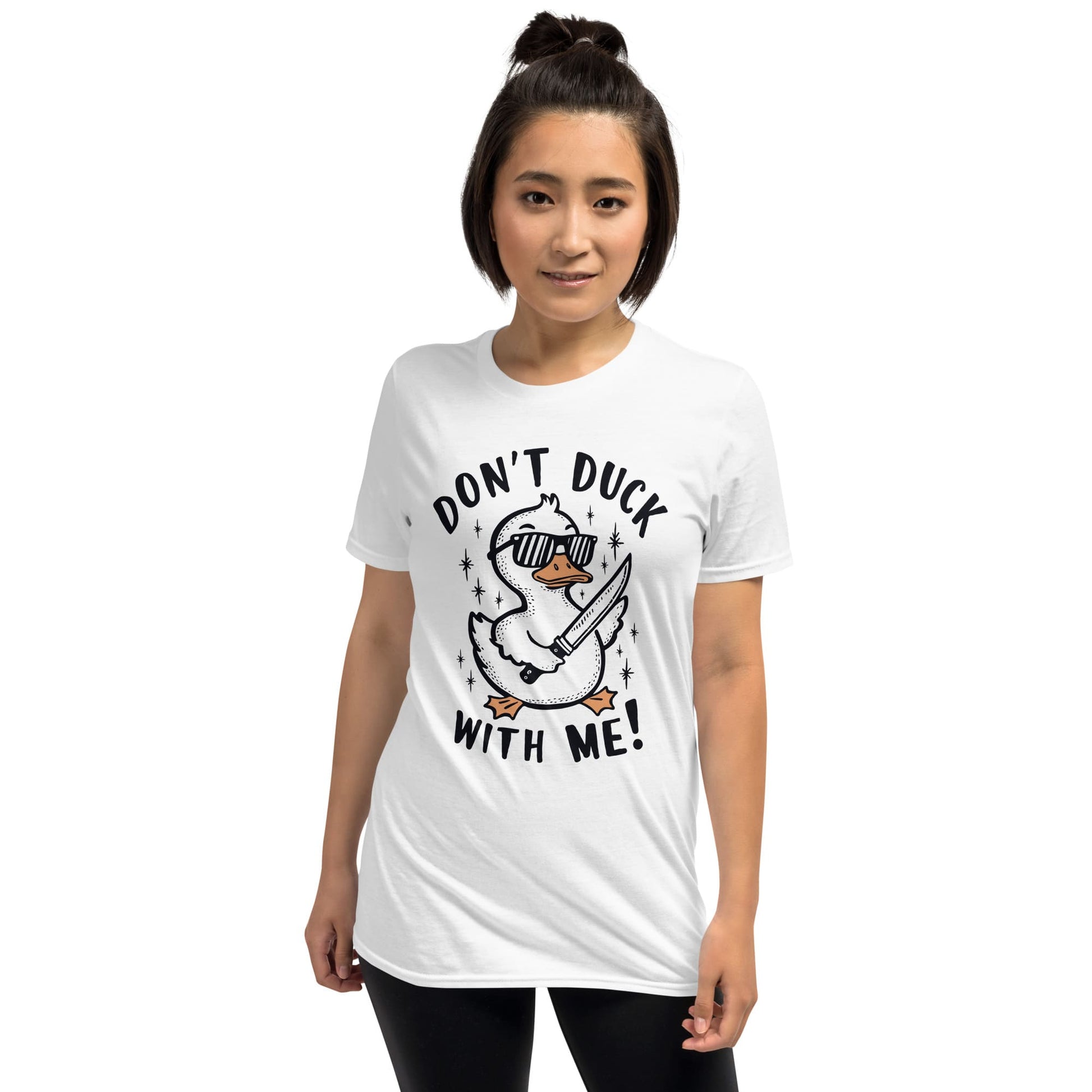 Person wearing a white t-shirt with a graphic design and text on a white background
