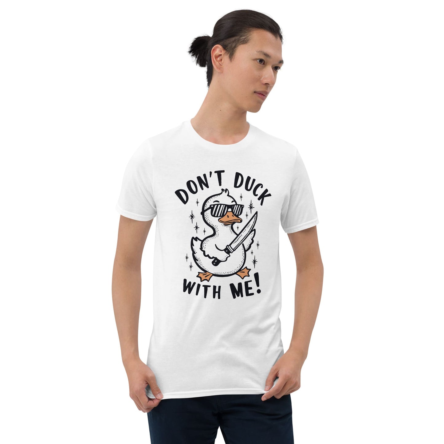 Man wearing a white t-shirt with a graphic design and text on a white background