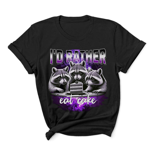 Black asexual t-shirt with raccoon graphic and text 'I'd rather eat cake' on a white background
