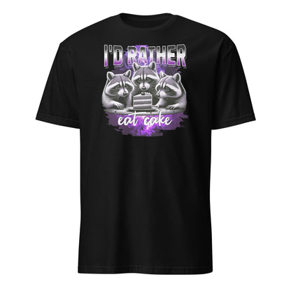Black y2k bootleg  t-shirt with asexual accoon graphic and text 'I'd rather eat cake' on a white background